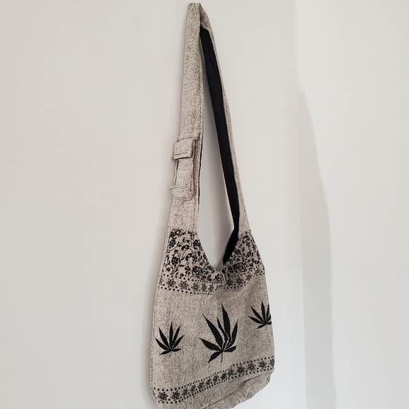 RISING INT'L Gray Black Woven Fabric Hobo Zip Shoulder Bag Floral & Hemp Boho - Picture 4 of 16